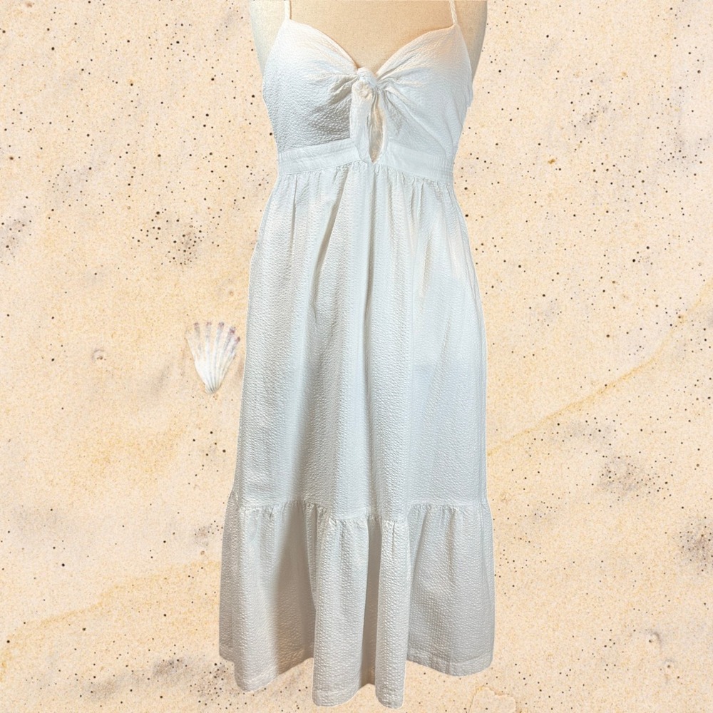 J Crew Seersucker Tie‑Front Cutout Babydoll Midi Dress White Cotton Summer Sz 10